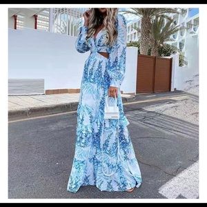 V Neck Cut Out Maxi Long Dress Printed Long Sleeve Waist Hollow Out Dress.
